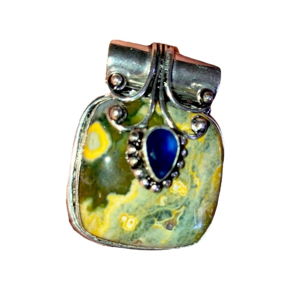 Hand Crafted Ocean Jasper Blue Topaz 925 Silver Plated Gem Necklace Pendant 1.6" - Picture 7 of 8